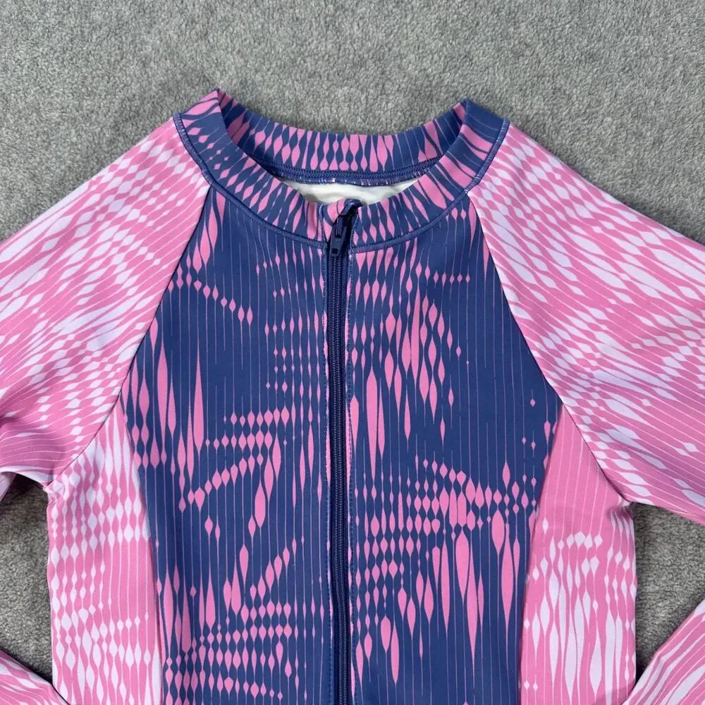 Zella Girls Size 12 Long Sleeve One Piece Swimsuit Zip Up Pink/Blue High Neck